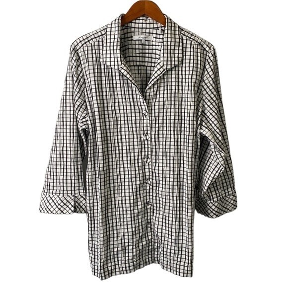 Foxcroft Tops - Foxcroft Germaine Crinkle Mini Check Button Up Tunic Shirt 3/4 Sleeve Textured
